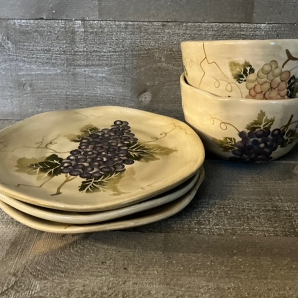 3 Cabernet hand painted 9inch plates and 2 bowls